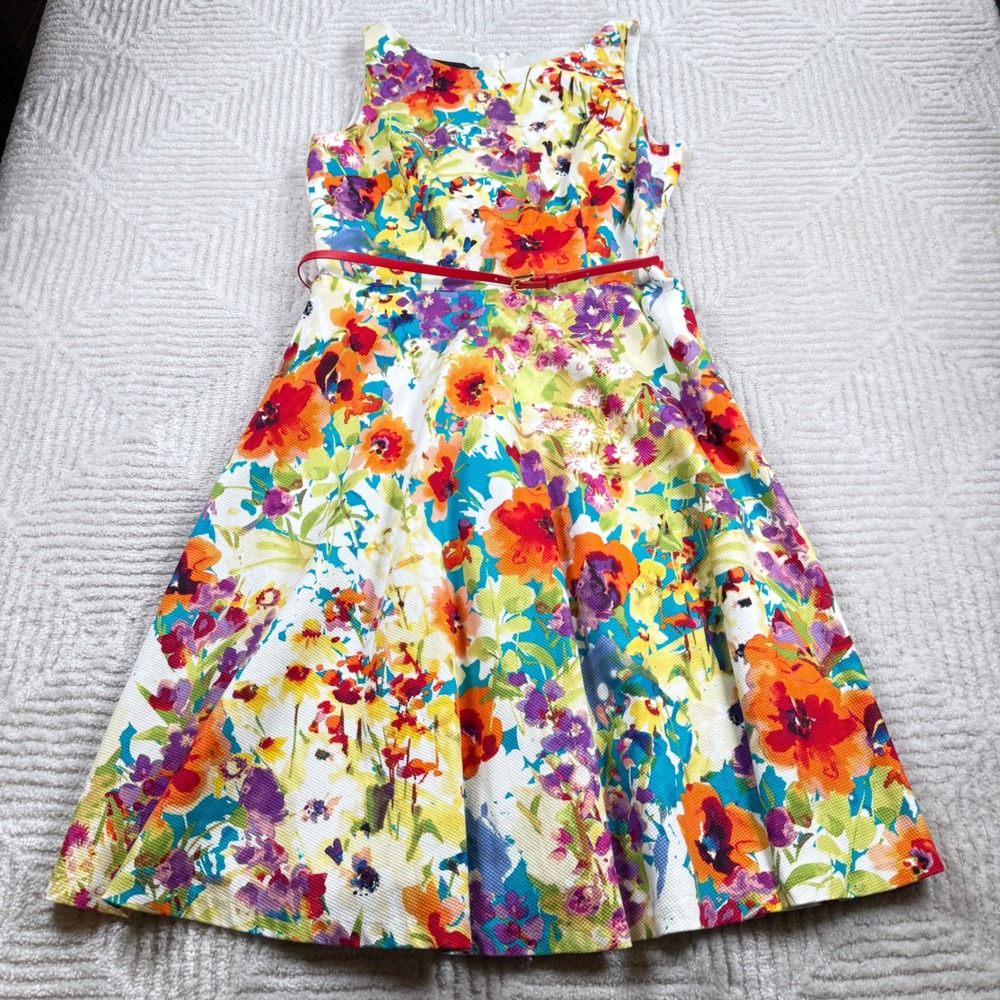 Black Label Evan-Picone Floral Dress Womens 10 Fit Flare Belted Bloomcore Garden